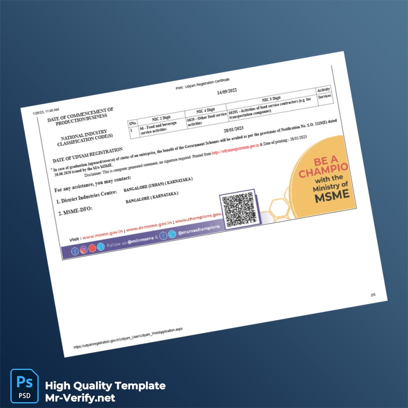 India Ministry of Micro Small and Medium Enterprises Udyam Registration Certificate Template in Word and PDF formats 5 page India Ministry of Micro Small and Medium Enterprises Udyam Registration Certificate Template in Word and PDF formats 5 page