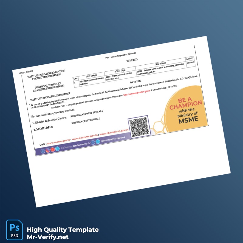 India Ministry of Micro Small and Medium Enterprises Udyam Registration Certificate Template in Word and PDF formats 5 page India Ministry of Micro Small and Medium Enterprises Udyam Registration Certificate Template in Word and PDF formats 5 page