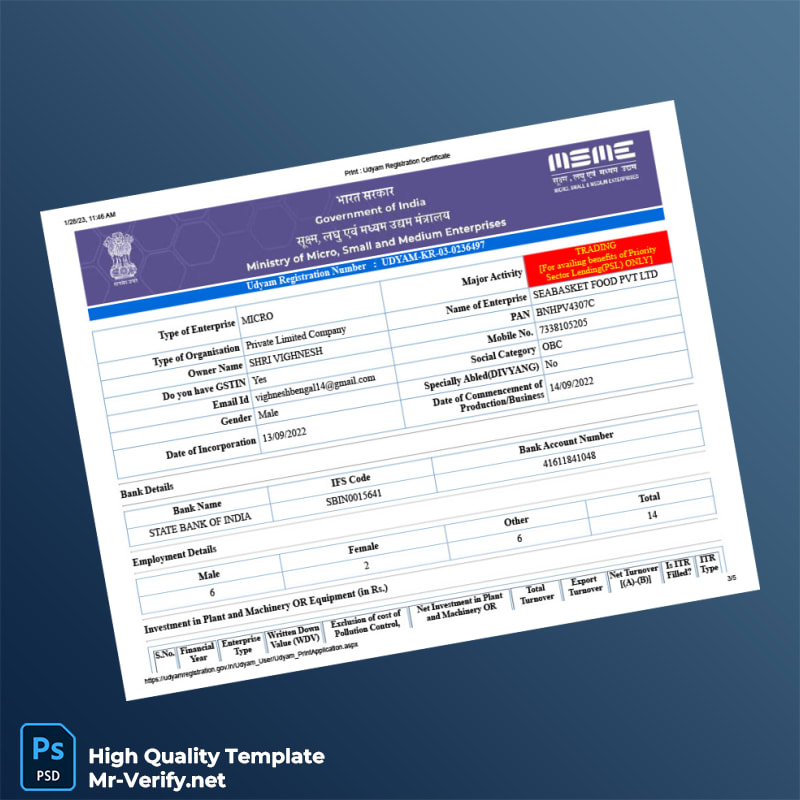India Ministry of Micro Small and Medium Enterprises Udyam Registration Certificate Template in Word and PDF formats 5 page India Ministry of Micro Small and Medium Enterprises Udyam Registration Certificate Template in Word and PDF formats 5 page