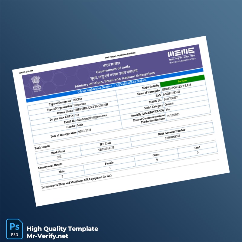 India Ministry of Micro Small and Medium Enterprises Udyam Registration Certificate Template in Word and PDF formats 5 page India Ministry of Micro Small and Medium Enterprises Udyam Registration Certificate Template in Word and PDF formats 5 page
