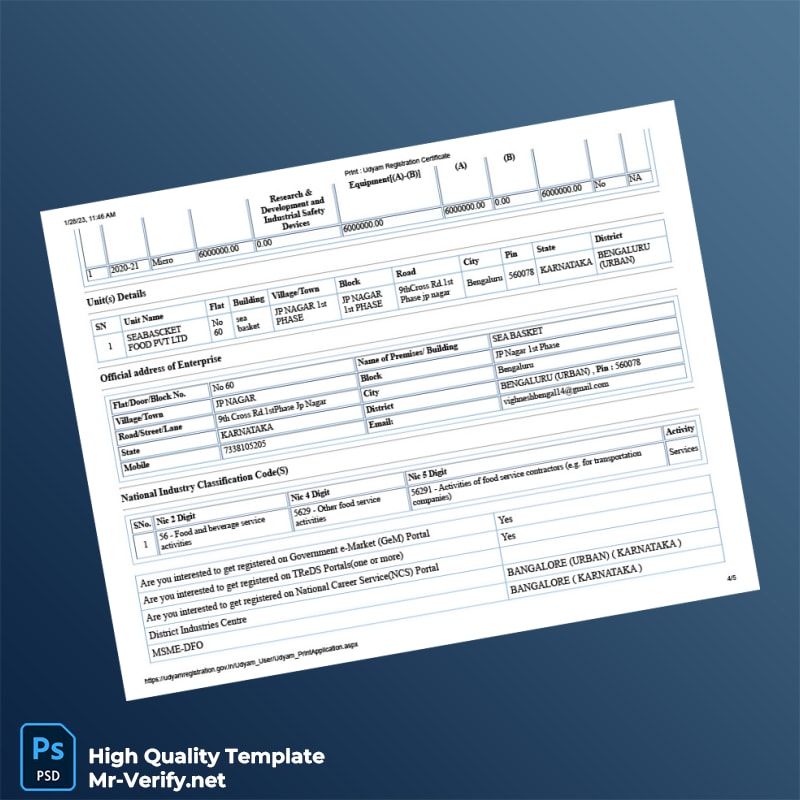 India Ministry of Micro Small and Medium Enterprises Udyam Registration Certificate Template in Word and PDF formats 5 page India Ministry of Micro Small and Medium Enterprises Udyam Registration Certificate Template in Word and PDF formats 5 page