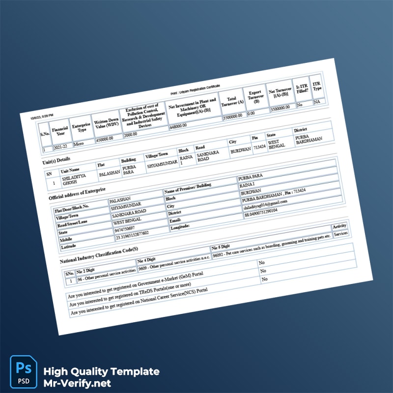India Ministry of Micro Small and Medium Enterprises Udyam Registration Certificate Template in Word and PDF formats 5 page India Ministry of Micro Small and Medium Enterprises Udyam Registration Certificate Template in Word and PDF formats 5 page
