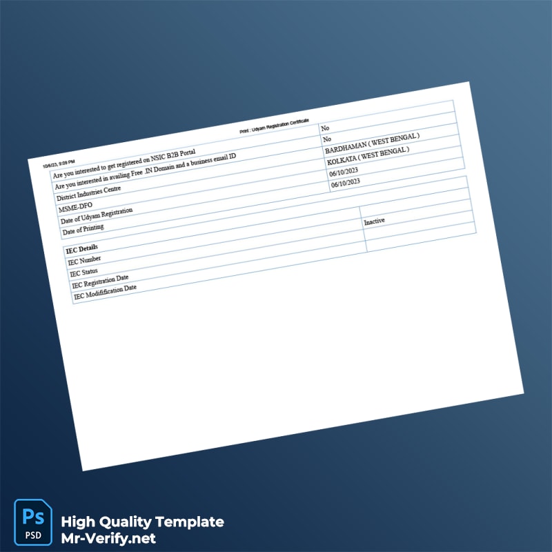 India Ministry of Micro Small and Medium Enterprises Udyam Registration Certificate Template in Word and PDF formats 5 page India Ministry of Micro Small and Medium Enterprises Udyam Registration Certificate Template in Word and PDF formats 5 page