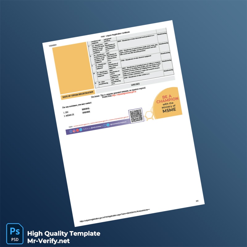 India Ministry of Micro Small and Medium Enterprises Udyam Registration Certificate in Word and PDF formats 2 page India Ministry of Micro Small and Medium Enterprises Udyam Registration Certificate in Word and PDF formats 2 page