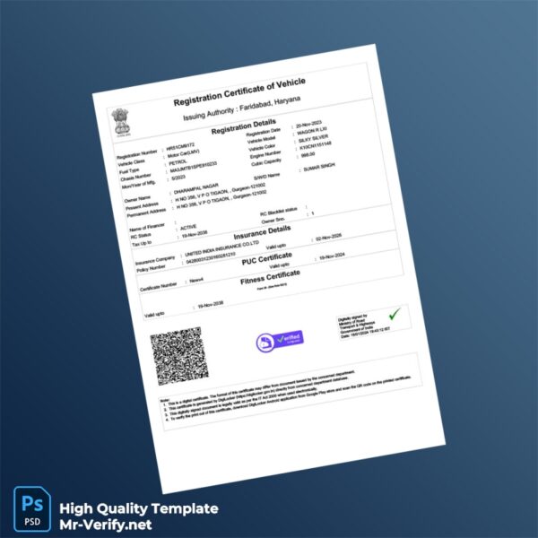 India Ministry of Road Transport and Highways Registration Certificate Template in Word and PDF formats India Ministry of Road Transport and Highways Registration Certificate Template in Word and PDF formats