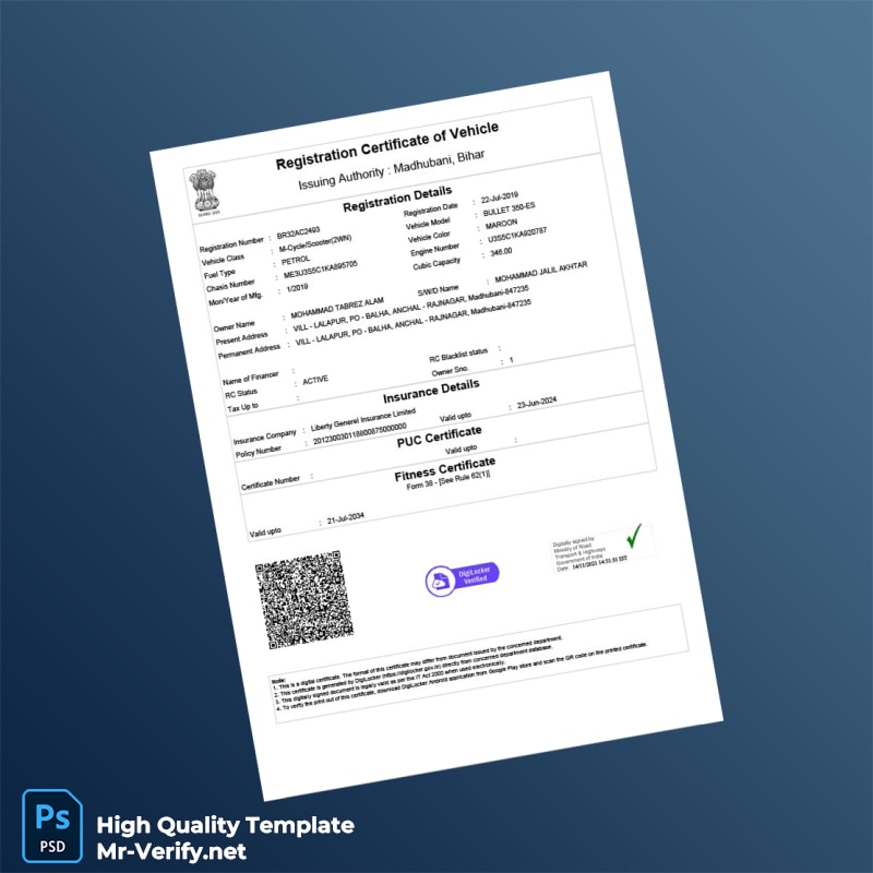 India Ministry of Road Transport and Highways Vehicle Registration Certificate Template in Word and PDF formats India Ministry of Road Transport and Highways Vehicle Registration Certificate Template in Word and PDF formats