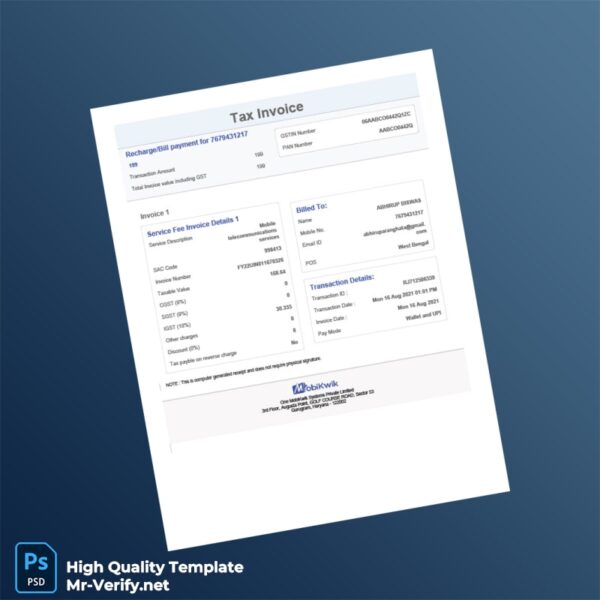 India MobiKwik Tax Invoice Template in Word and PDF formats