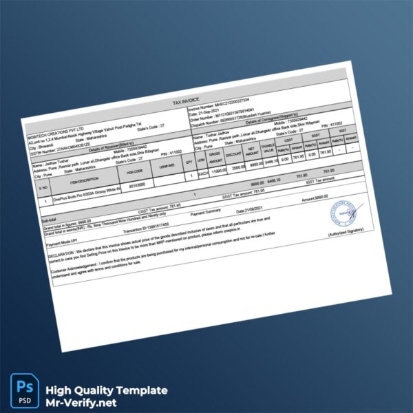 India Mobitech Creations Pvt Ltd Invoice Template in Word and PDF formats