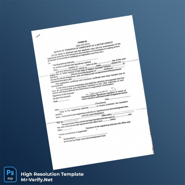 Editable India Motor Vehicle Transfer of Ownership Certificate Word and Pdf Template 3 page