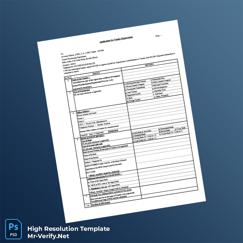 Editable India Municipal Corporation of Greater Mumbai Vendor Registration Form Word and Pdf Template 3 page Editable India Municipal Corporation of Greater Mumbai Vendor Registration Form Word and Pdf Template 3 page