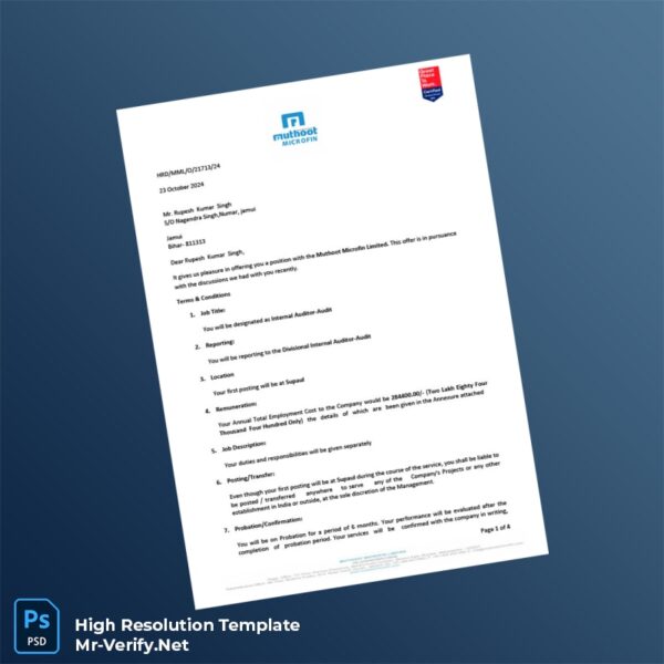 Editable India Muthoot Microfin Employment Verification Letter Word and Pdf Template 4 page Editable India Muthoot Microfin Employment Verification Letter Word and Pdf Template 4 page