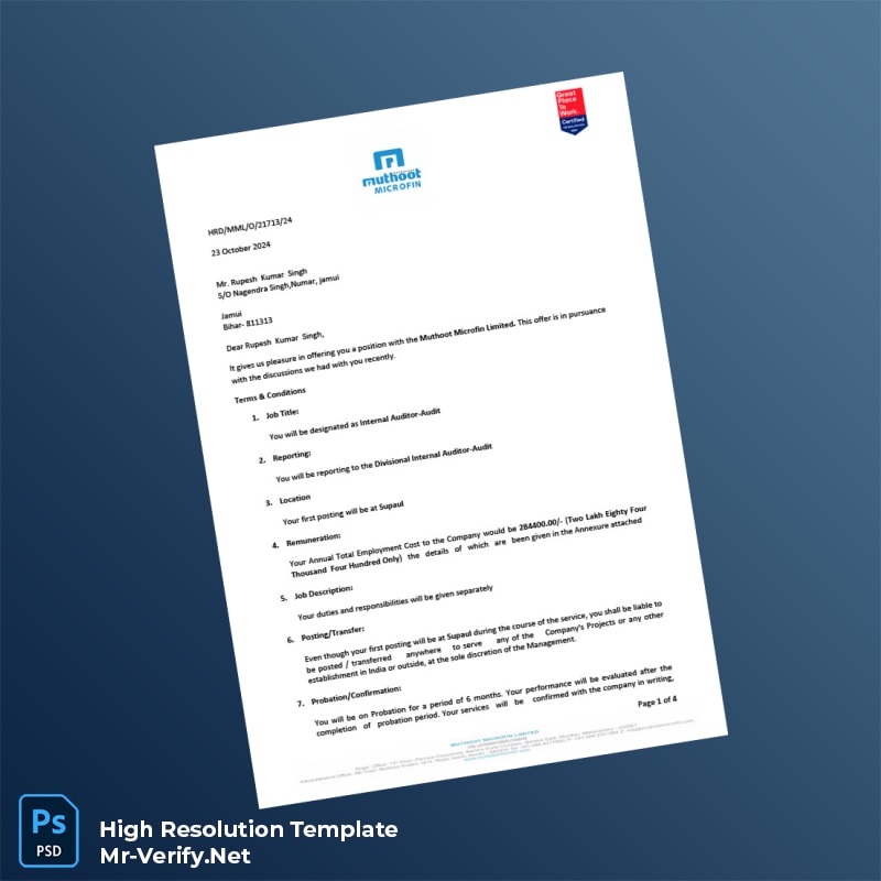 Editable India Muthoot Microfin Employment Verification Letter Word and Pdf Template 4 page Editable India Muthoot Microfin Employment Verification Letter Word and Pdf Template 4 page