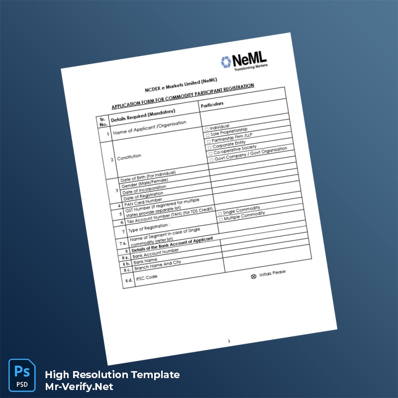 Editable India NCDEX e Markets Limited Commodity Participant Registration Form Word and Pdf Template 5 page Editable India NCDEX e Markets Limited Commodity Participant Registration Form Word and Pdf Template 5 page