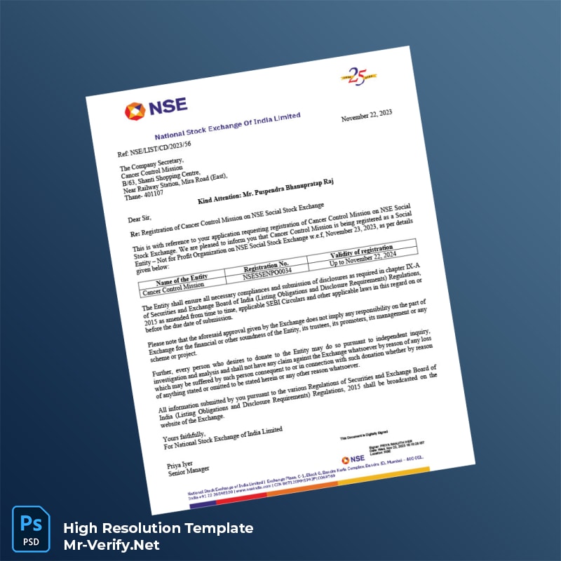 Editable India National Stock Exchange Registration Certificate Word and Pdf Template Editable India National Stock Exchange Registration Certificate Word and Pdf Template