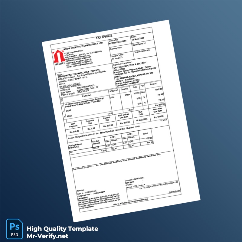 India Ncore Creative Technologies Tax Invoice Template in Word and PDF formats India Ncore Creative Technologies Tax Invoice Template in Word and PDF formats