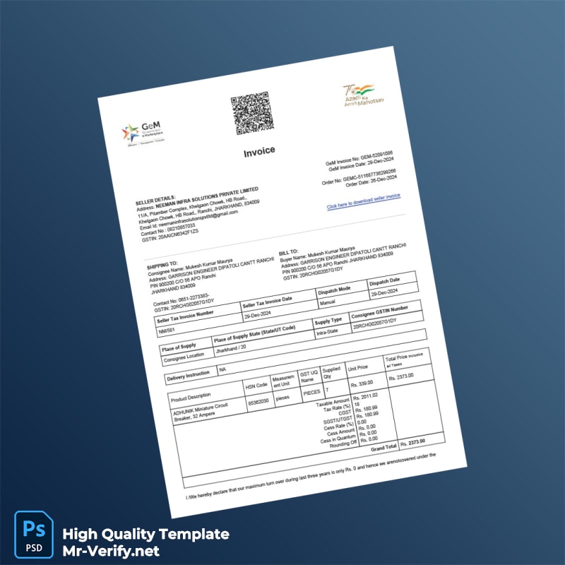 India Neeman Infra Solutions Private Limited Invoice Template in Word and PDF formats 2 page India Neeman Infra Solutions Private Limited Invoice Template in Word and PDF formats 2 page