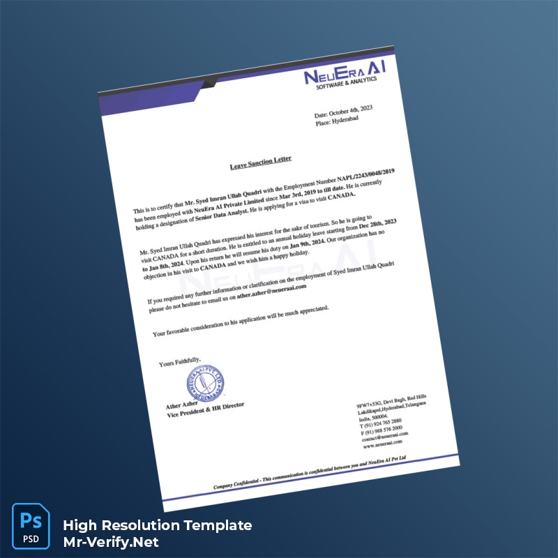 Editable India NeuEra AI Private Limited Employment Verification Letter Word and Pdf Template 2 page Editable India NeuEra AI Private Limited Employment Verification Letter Word and Pdf Template 2 page