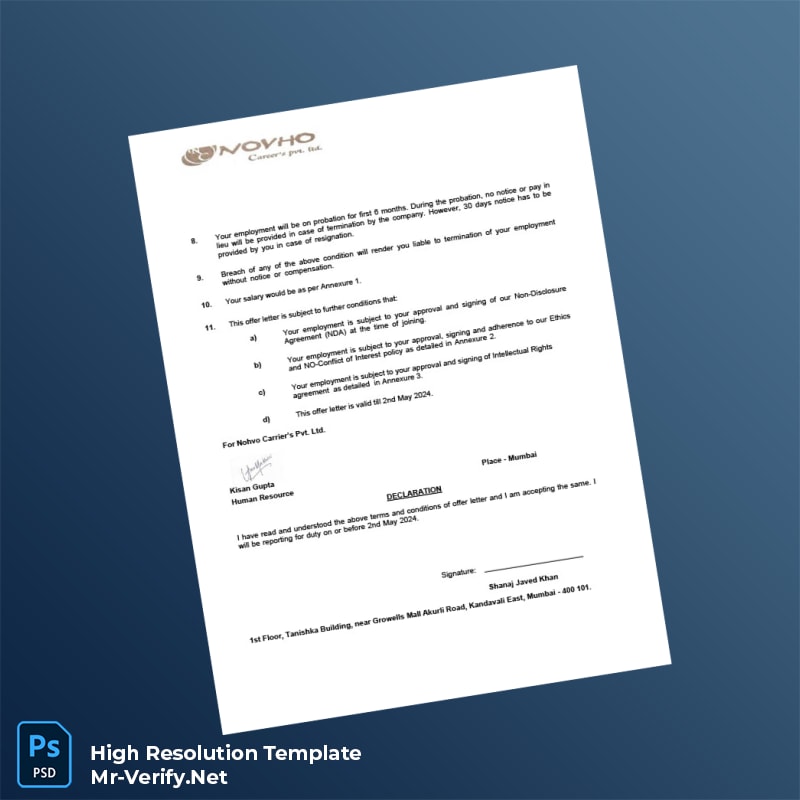 Editable India Novho Careers Pvt Ltd Employment Offer Letter Word and Pdf Template 4 page Editable India Novho Careers Pvt Ltd Employment Offer Letter Word and Pdf Template 4 page
