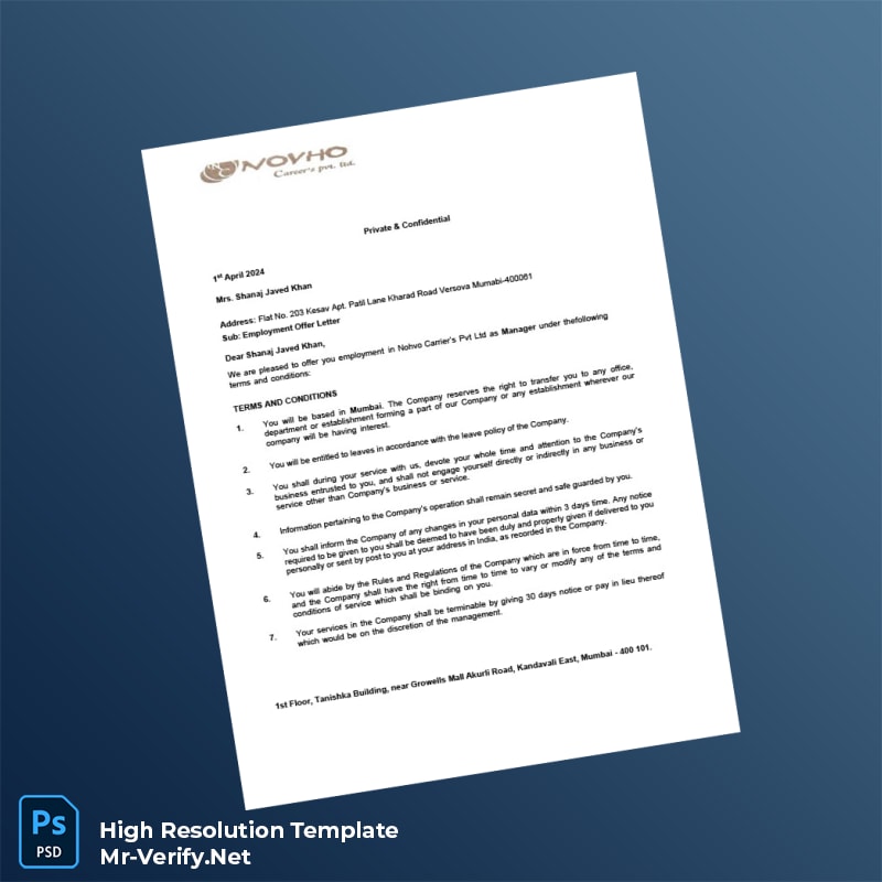 Editable India Novho Careers Pvt Ltd Employment Offer Letter Word and Pdf Template 4 page Editable India Novho Careers Pvt Ltd Employment Offer Letter Word and Pdf Template 4 page