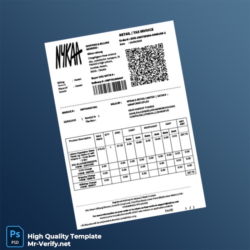 India Nykaa E-Retail Limited Invoice Template in Word and PDF formats 2 page India Nykaa E-Retail Limited Invoice Template in Word and PDF formats 2 page