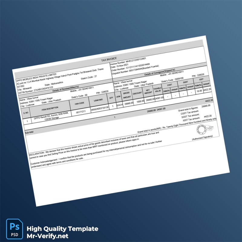 India OPPO Mobiles India Private Limited Tax Invoice Template in Word and PDF formats India OPPO Mobiles India Private Limited Tax Invoice Template in Word and PDF formats