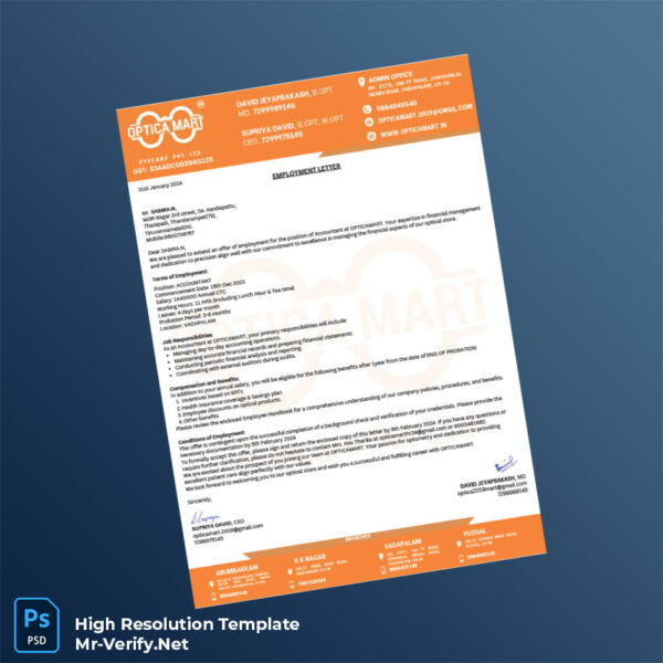 Editable India OPTIC MART Employment Verification Letter Word and Pdf Template 3 page Editable India OPTIC MART Employment Verification Letter Word and Pdf Template 3 page