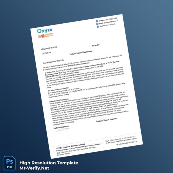 Editable India OXYZO Employment Verification Letter Word and Pdf Template 5 page