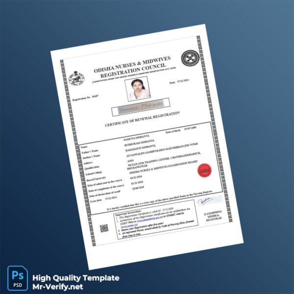 India Odisha Nurses Midwives Registration Council Certificate of Renewal Registration Template in Word and PDF formats