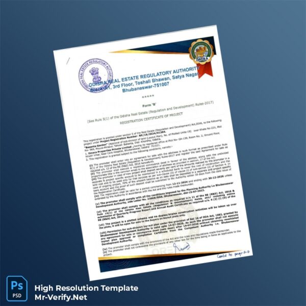 Editable India Odisha Real Estate Regulatory Authority Registration Certificate Word and Pdf Template 2 page Editable India Odisha Real Estate Regulatory Authority Registration Certificate Word and Pdf Template 2 page