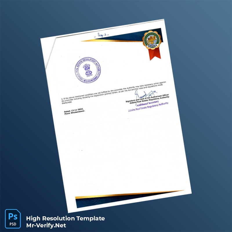 Editable India Odisha Real Estate Regulatory Authority Registration Certificate Word and Pdf Template 2 page Editable India Odisha Real Estate Regulatory Authority Registration Certificate Word and Pdf Template 2 page