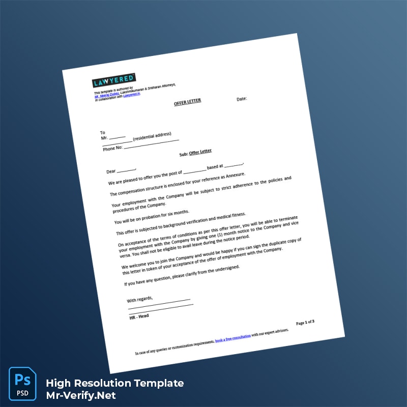 Editable India Offer Letter Word and Pdf Template 3 page Editable India Offer Letter Word and Pdf Template 3 page