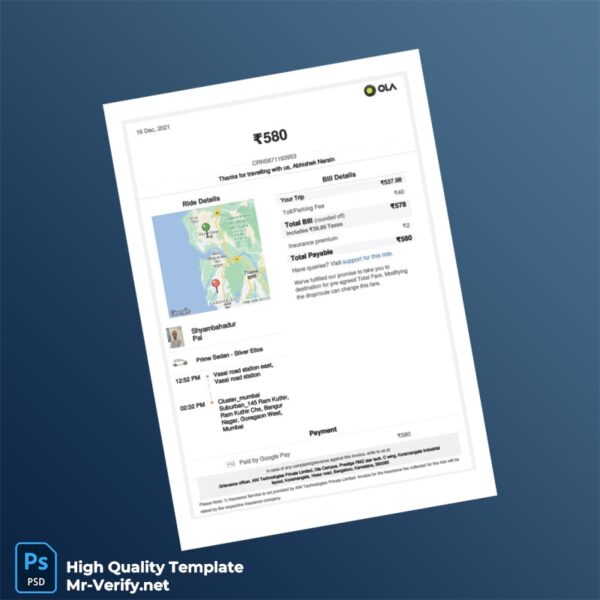 India Ola Prime Sedan Invoice Template in Word and PDF formats 3 page