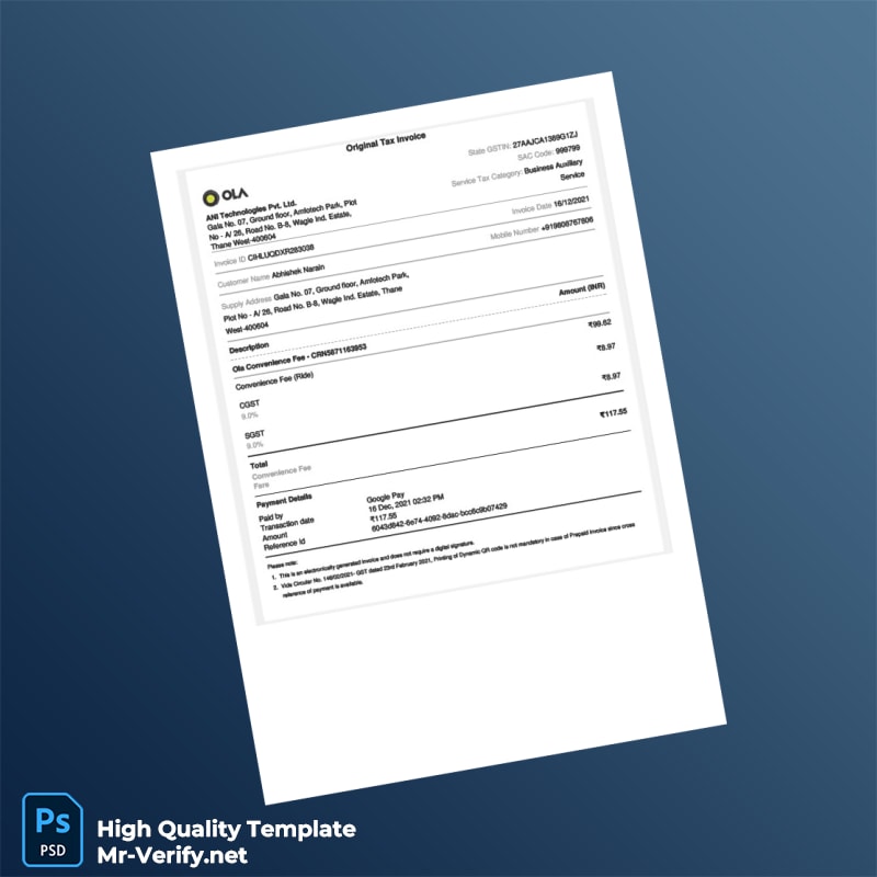 India Ola Prime Sedan Invoice Template in Word and PDF formats 3 page India Ola Prime Sedan Invoice Template in Word and PDF formats 3 page