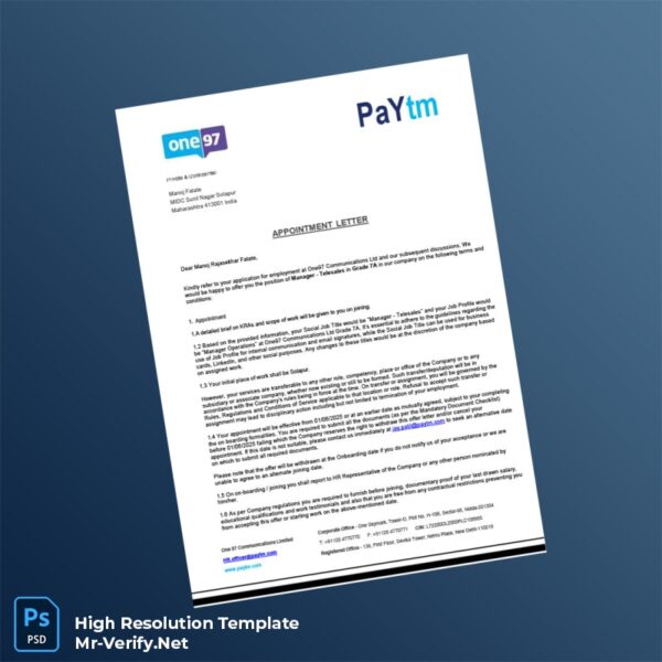 Editable India One97 Communications Ltd Employment Verification Letter Word and Pdf Template 4 page Editable India One97 Communications Ltd Employment Verification Letter Word and Pdf Template 4 page