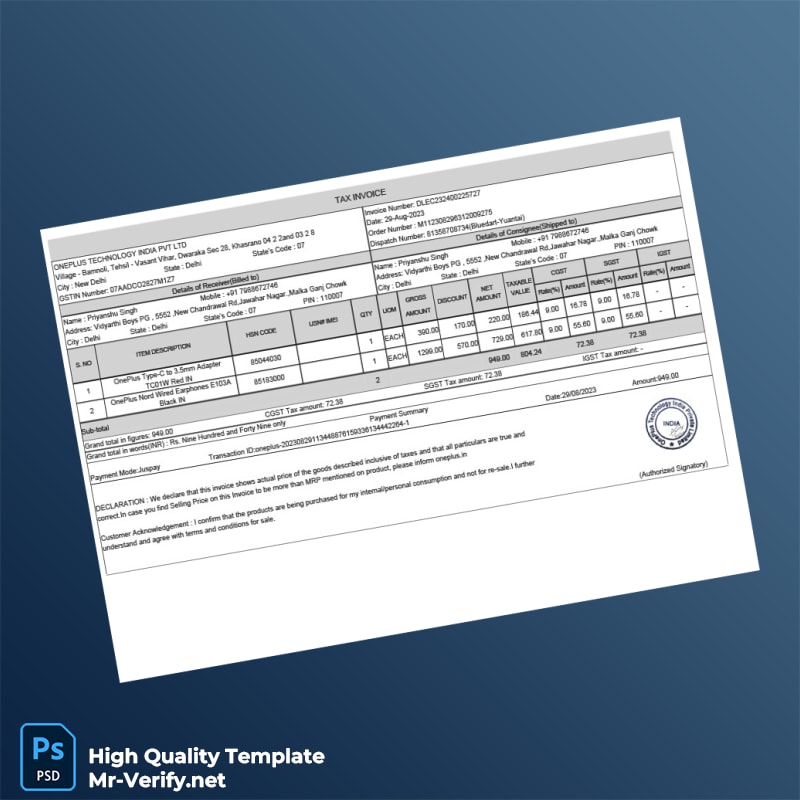 India OnePlus Technology India Pvt Ltd Invoice Template in Word and PDF formats India OnePlus Technology India Pvt Ltd Invoice Template in Word and PDF formats