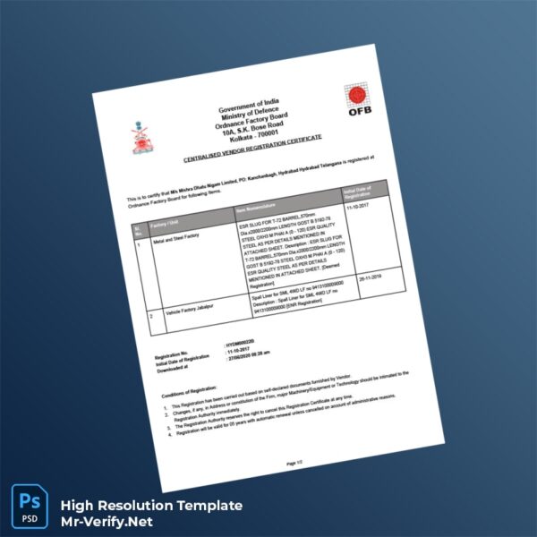India Ordnance Factory Board Editable Centralised Vendor Registration Certificate Word and Pdf Template 2 page India Ordnance Factory Board Editable Centralised Vendor Registration Certificate Word and Pdf Template 2 page