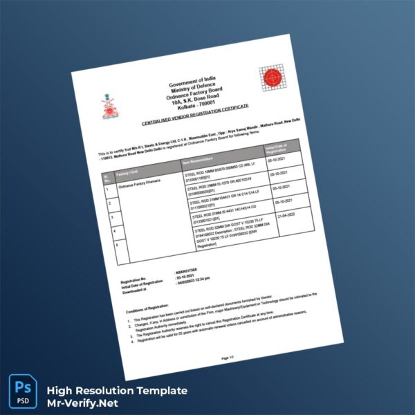 India Ordnance Factory Board Editable Registration Certificate Word and Pdf Template 2 page India Ordnance Factory Board Editable Registration Certificate Word and Pdf Template 2 page
