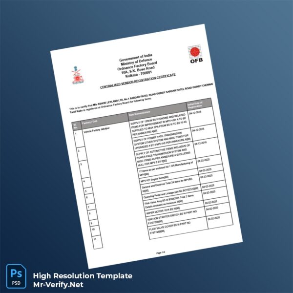 India Ordnance Factory Board Vendor Registration Certificate Word and Pdf Template 4 page India Ordnance Factory Board Vendor Registration Certificate Word and Pdf Template 4 page