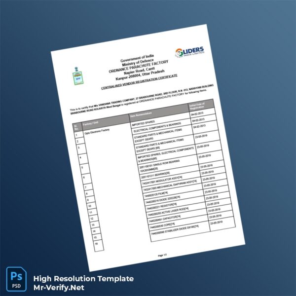 India Ordnance Parachute Factory Combined Registration Certificate Word and Pdf Template 3 page