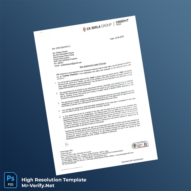 Editable India Orient Paper Mills Appointment Letter Word and Pdf Template 3 page Editable India Orient Paper Mills Appointment Letter Word and Pdf Template 3 page