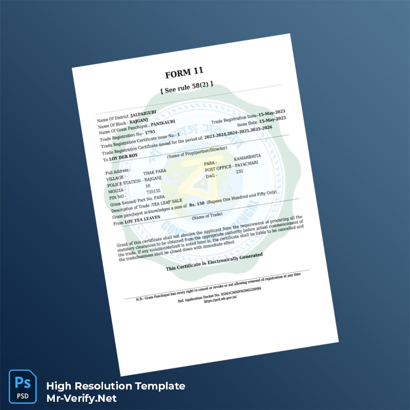 Editable India P RD Trade Registration Certificate Word and Pdf Template Editable India P RD Trade Registration Certificate Word and Pdf Template