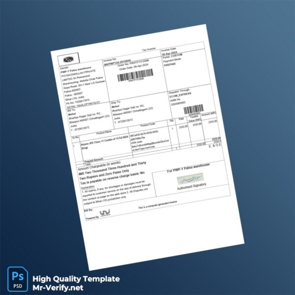 India PHYSICSWALLAH PRIVATE TAX Invoice Template in Word and PDF formats India PHYSICSWALLAH PRIVATE TAX Invoice Template in Word and PDF formats