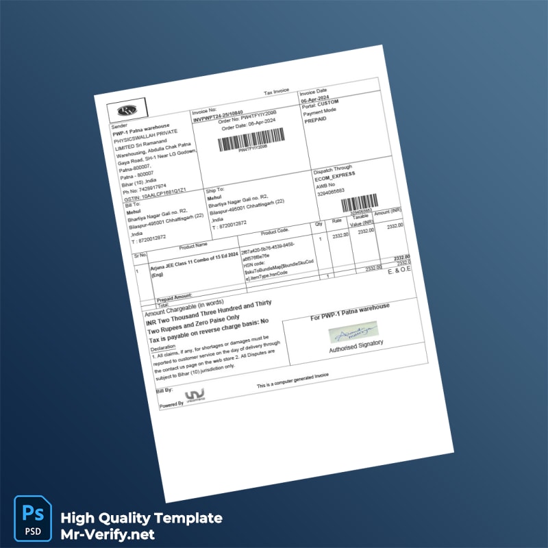 India PHYSICSWALLAH PRIVATE TAX Invoice Template in Word and PDF formats India PHYSICSWALLAH PRIVATE TAX Invoice Template in Word and PDF formats