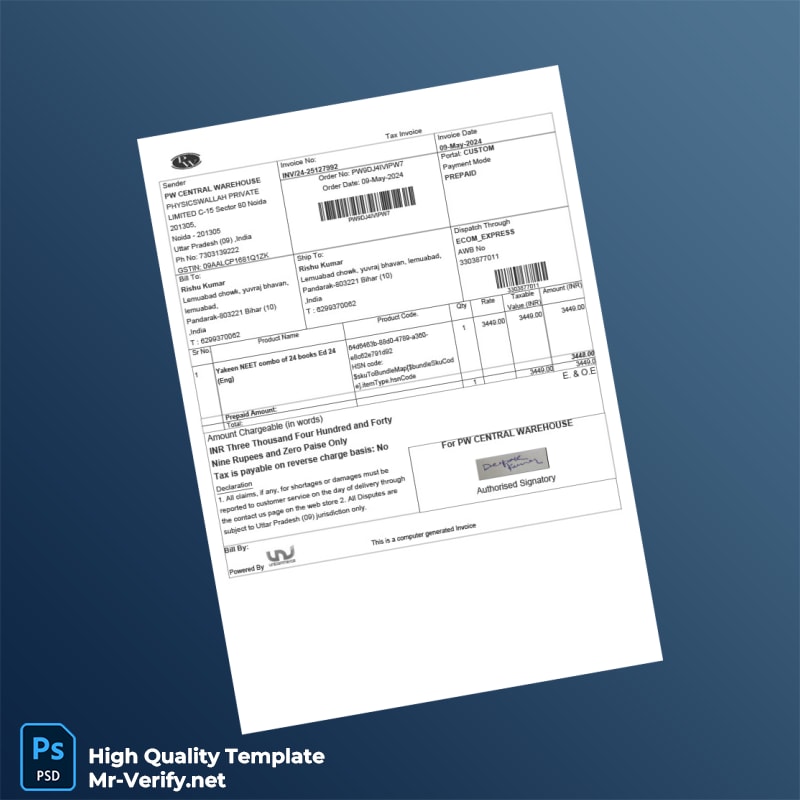 India PW Central Warehouse Tax Invoice Template in Word and PDF formats India PW Central Warehouse Tax Invoice Template in Word and PDF formats