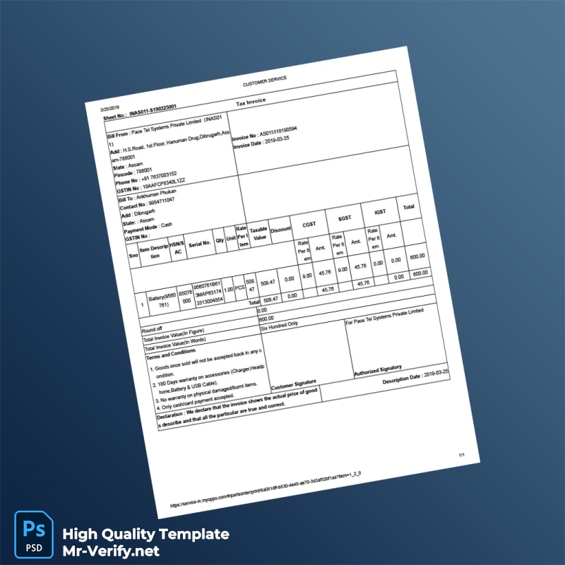India Pace Tel Systems Private Limited Tax Invoice Template in Word and PDF formats India Pace Tel Systems Private Limited Tax Invoice Template in Word and PDF formats