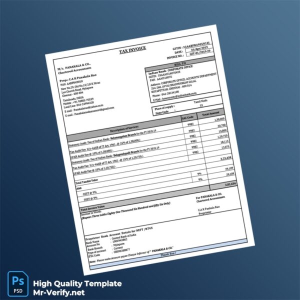 India Panakala Co Chartered Accountants Invoice Template in Word and PDF formats