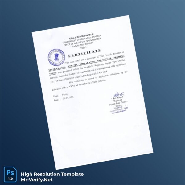 India Papum Pare District Editable Trust Registration Certificate Word and Pdf Template