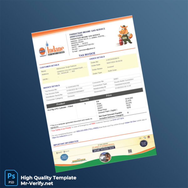 India Parbatsar Indane Gas Service Tax Invoice Template in Word and PDF formats 2 page