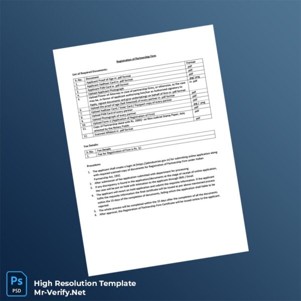 Editable India Partnership Firm Registration Certificate Word and Pdf Template 6 page