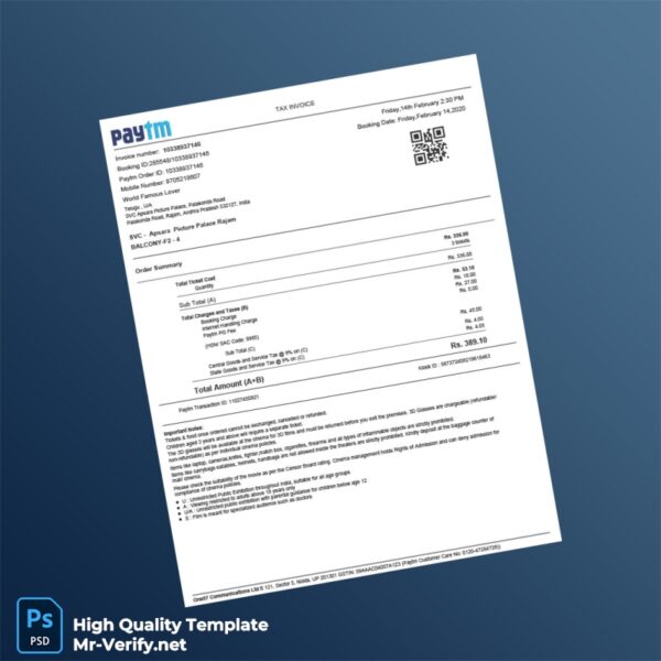 India Paytm Tax Invoice Template in Word and PDF formats
